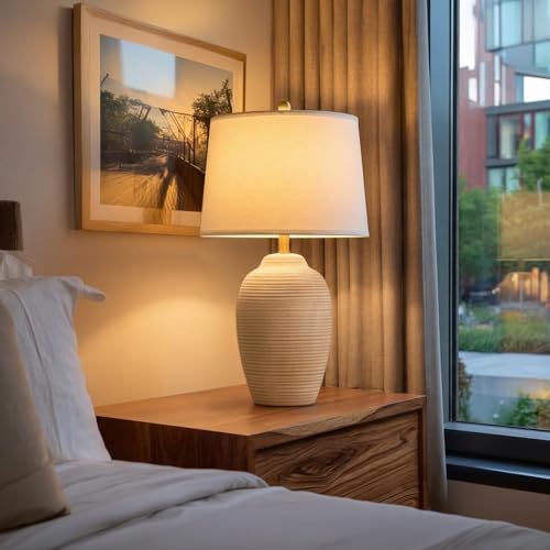 USumkky 29.5" Tall Vintage Ceramic Table Lamp with 5FT Cord - Single Large Rustic Farmhouse Bedside Lamp with Linen Shade & Natural Textured Finish, Nightstand Table Lamp for Bedroom End Table, Beige - color: 29.5" Beige