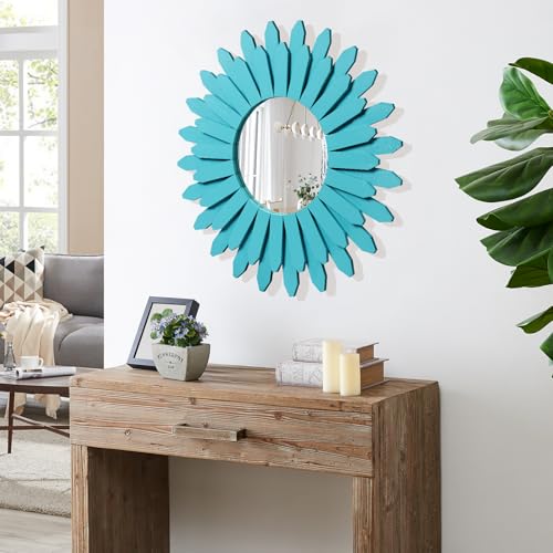 Honiway Beach Wall Decor Mirror 21 inch Wood Coastal Wall Decor Sunburst Boho Home Decor Room Decor for Bedroom Living Room Entryway Cyan - color: Cyan, size: 21 inch (1 pack)