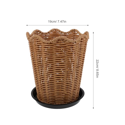 Scalloped Rattan Basket Planter, Woven Plant Basket with Plastic Tray, Decorative Indoor and Outdoor Flower Pot Holder, Farmhouse Style Storage Organizer 8.7x7.5x7.5 - color: Beige
