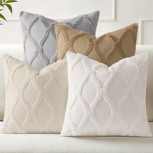 decorUhome Summer Set of 4 Throw Pillow Covers 16x16 Inch, Neutral Decorative Soft Plush Faux Wool Couch Pillow Covers, Farmhouse Pillow Cases for Living Room Bed Sofa (Cream/Khaki) - color: Cream Khaki, size: 16" x 16" (Pack of 4)