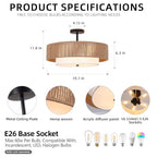 Bohemian Wicker Flush Mount Ceiling Light, 19.7" Double Drum Jute Rope Farmhouse Hanging Pendant Light Fixture, Hand-Woven Semi-Flush Mount Design for Bedroom, Living Room, Dining Room & Entryway - color: 19.7'' Hemp rope&Fabric Gold