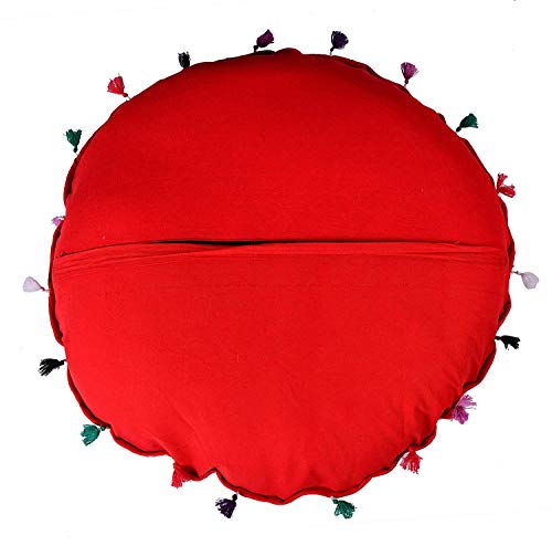Indian Handmade Patchwork Codework Red Round Pouf Cover Ottoman Floor Pillow Cushion Seating Throw Decorative Pom Pom Pillow Cases Boho 32 Inches,BFPC0108 - color: Red