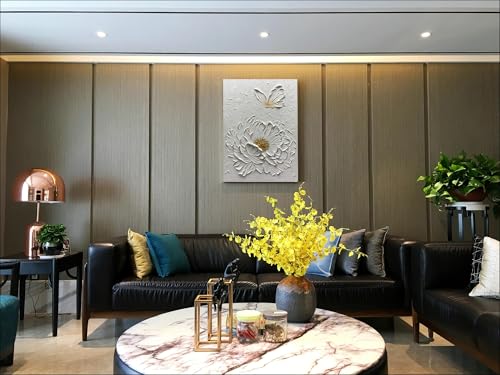 Boiee Art,24x36Inch Hand Painted Creamy Textured Wall Art Elegant Floral Wall Decor Art Minimalist Butterfly Artwork White and Gold Flower Oil Painting for Home Office - color: Creamy white&Gold, size: 24"L x 36"W