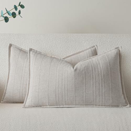 a moment Linen Pillow Covers Set of 2,Boho Farmhouse Throw Pillowcases Neutral Textured Decorative Covers for Couch Sofa Bed,Soft Linen Blend Accent Case Cushion Living Room Home Decor 20"x12"Ivory - color: Ivory, size: 20" x 12" (Pack of 2)