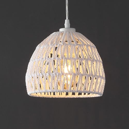 JONATHAN Y 8.25" White Modern Bohemian Woven Rope LED Pendant Light Fixture, Adjustable Dome Ceiling Lamp for Kitchen Island, Rope Shade, Coastal Farmhouse Decor (JYL6512A) - color: White, size: 8.25"