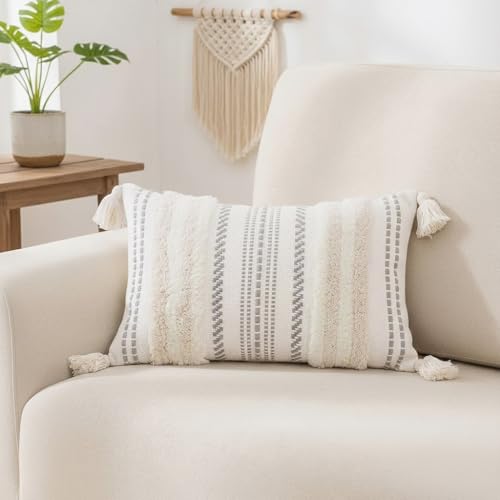 decorUhome Summer Decorative Boho Throw Pillow Cover 12x20, Lumbar Accent Neutral Textured Tufted Pillow Cover Striped for Couch Bed Sofa, Beige and Cream White, Pack of 1 - color: Beige and Cream White, size: 20" x 12" (Pack of 1)