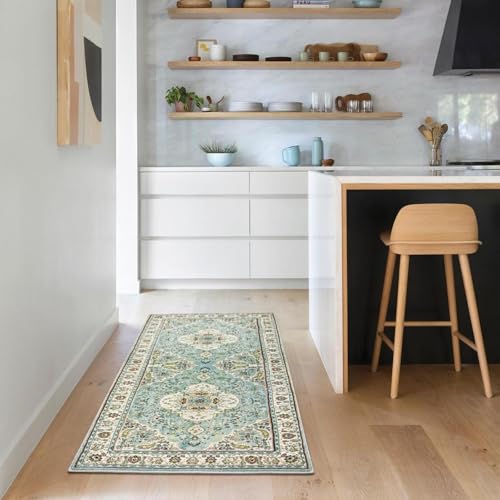 Lahome Felice Floral Medallion Runner Rug - 2x6 Hallway Bedside Turkish Throw Rug Runner Mat Soft Faux Wool Non-Slip Machine Washable Floor Carpet for Kitchen Laundry Bathroom, Sky/Baby Blue - color: Sky/Baby Blue, size: 2' x 6' (Runner)