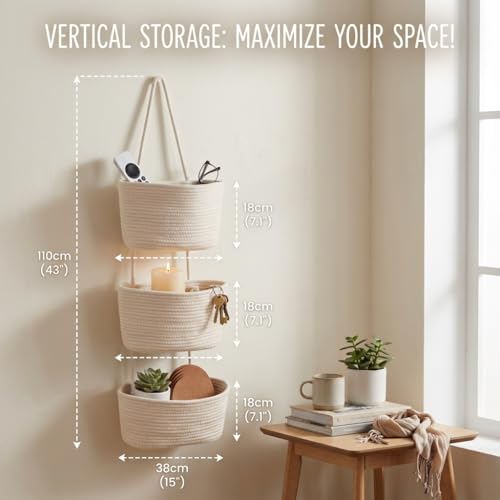 Hanging Wall Basket, Over the Door Hanging Basket with Hooks for Storage, Organizing, Decorative Boho Decor for Nursery, Bedroom, Living Room with 4 Hooks, Whte - color: White