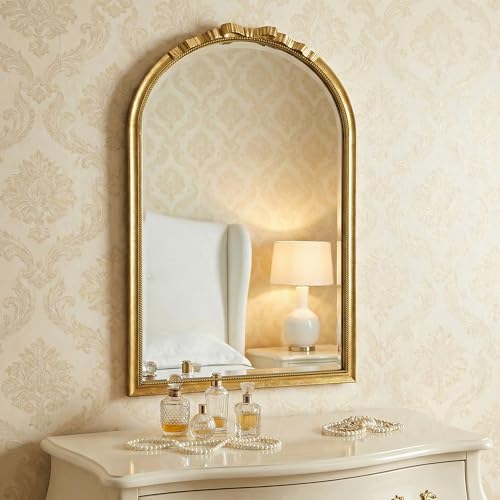 Vintage Arched Gold Carved Bow Wall Mirror - 24''x39''Champagne Gold Large Baroque Wall-Mounted Mirror - Twisted Rope Metal Frame - Antique French Ornate Mirror for Entryway/Hallway/Bathroom - color: Bow - Champagne Gold (39"l X 24"w)