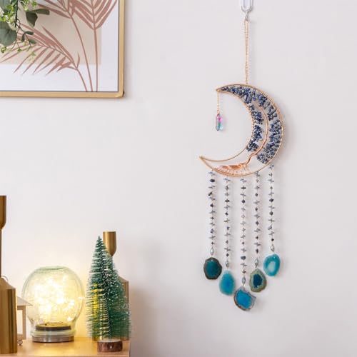 Agate Moon Dream Catchers with Crystal 7 Chakra Gemstone Dream Catchers Color Natural Gem Agate Wall Hangings Room Garden Dreamcatchers Decor (Lake Blue) - color: Lake Blue