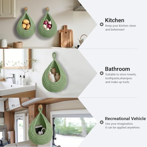 Halidali Hanging Fruit Baskets for Kitchen, 3 Pack Boho Cotton Rope Handwoven Vegetable Storage Wall Mounted Large Organizing Basket for Farmhouse Decor, Onion, Potato, Garlic and Plants (Green) - color: Green