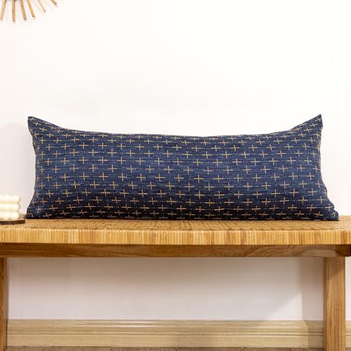 JoraLion Decorative 14x36 Lumbar Pillow Cover, Dark Blue Cross Pattern Woven Textured Cushion Case Polyester Cozy Modern Farmhouse Vintage Pillowcase for Couch Sofa Bed Living Room, ONLY 1 Cover - color: Dark Blue