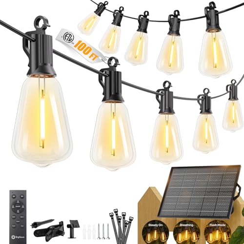 Brightown 100FT Solar String Lights Outdoor Waterproof, Patio Lights with Remote and 31+2 LED Shatterproof Bulbs, Dimmable & Timable, 3 Light Modes, Solar Lights Outdoor for Yard Camping Party Outside - size: 100FT(31 Sockets)