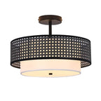 16" Black Rattan Ceiling Light - Bohemian Handwoven Double Drum Pendant, Semi-Flush Mount Light Fixture for Living Room, Bedroom, Dining Room & Kitchen - color: 16'' Rattan&Hemp rope Black