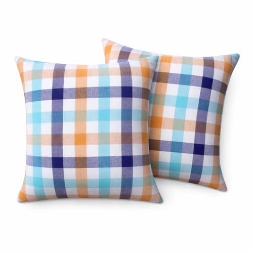 Native Fab Throw Pillow Covers 2 Pack, 18x18 Inches, 100% Cotton, Summer Plaid Design, Bright Decorative Square Cushion Cases, Cheerful Decor for Sunroom, Sofa, Couch, Riviera Blue & Sunflower - color: Gingham Riviera Blue & Sunflower Plaid, size: 18" x 1