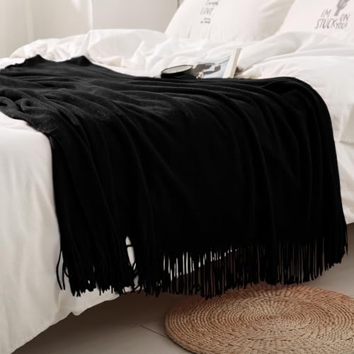 Homiest Decorative Knitted Throw with Fringe, Lightweight Acrylic Knit, Soft Tassel for Couch, Sofa, Bed (Black, 50 x 60 Inch) - color: Black, size: 50" x 60"