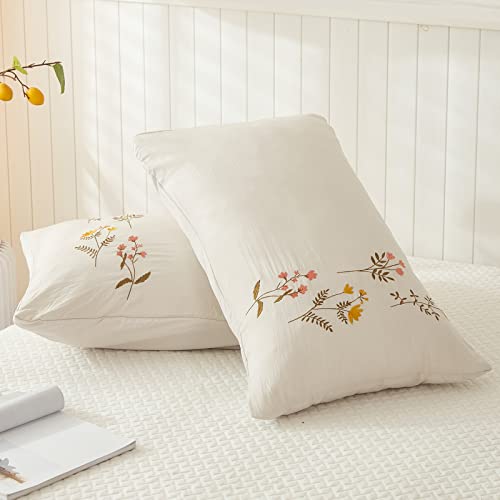 Cream Pillowcases, Embroidered Flower Pillow Cases Set of 2, 100% Washed Microfiber, Boho Chic Country Style Pillow Cover, 2 Pack (King,Beige Gray Flower) - color: Beige-01, size: King, 20" x 40" (Pack of 2)