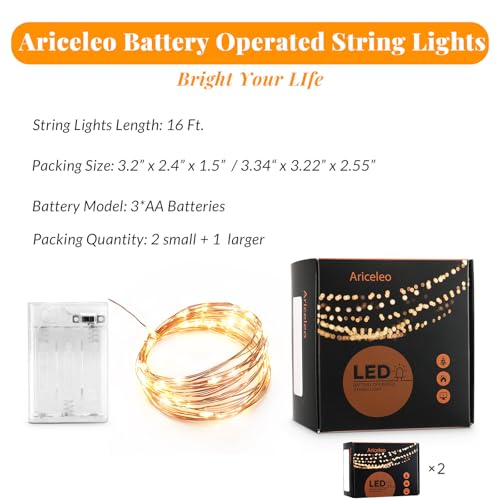 Ariceleo Led Fairy Lights Battery Operated, 2 Packs Mini Battery Powered Copper Wire Starry Fairy Lights for Bedroom, Christmas, Parties, Wedding, Centerpiece, Decoration (5m/16ft Warm White) - color: Warm White, size: 2 Pack