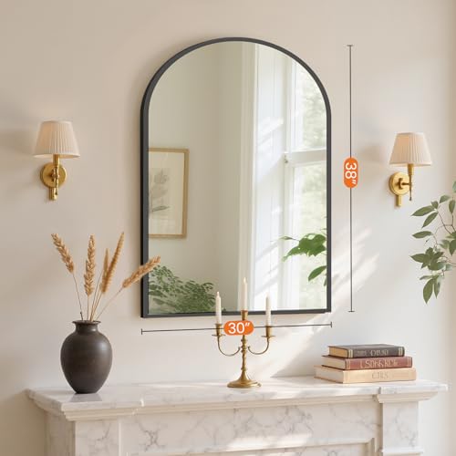 Sweetcrispy 38"x30" Arched Black Bathroom Mirrors for Wall, Bathroom Mirrors for Over Sink, Metal Framed with HD Shatter-Proof Glass for Entryway, Living Room, Bedroom, Home Decor - color: Black, size: 30"L x 38"W