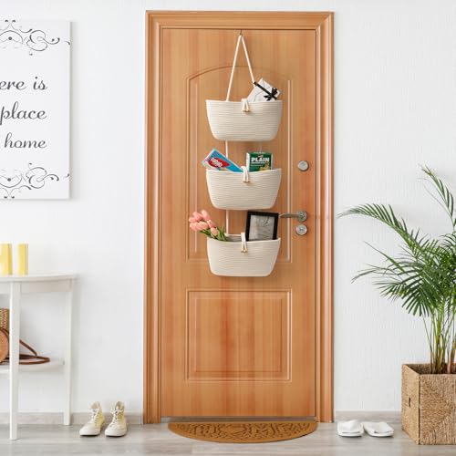 TeoKJ Over the Door Hanging Baskets with Button Strap, 3-Tier Woven Cotton Storage Organizer Bag, Wall-Mounted with Hook Decorative Hanging Kitchen Baskets - White - color: White, style: 3 tier+Button