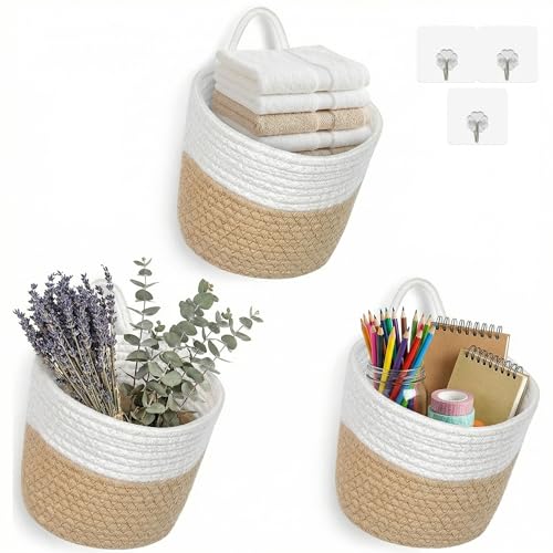 Storage Basket – Stylish Cotton Rope Wall Baskets for Organizing, 3 Pack Over the Door Storage & Small Spaces – Natural Decorative Home Organizer - color: White&khaki
