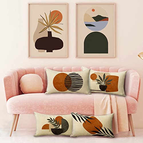 Boho Abstract Sunset Plant Olive Leaves Decorative Throw Pillow Covers Set of 4, Bohemian Geometry Line Pillowcase Decoration, Minimalist Modern Art Aesthetic Cushion Case Home Decor 12x20 - color: Boho Plant, size: 20" x 12" (Pack of 4)