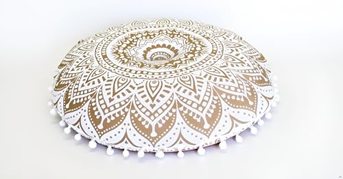 32" Gold Mandala Barmeri Large Floor Pillow Cover Cushion Meditation Seating Ottoman Throw Cover Hippie Decorative Zipped Bohemian Pouf Ottoman Poufs, Pom Pom Pillow Cases (White Gold, 32" Round) - color: White Gold, size: 32" Round