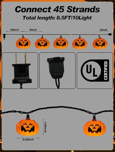 8.5Ft LED Halloween Lights Pumpkin String Lights with 10 Smiling Jack O Lantern Pumpkin Lights, Orange Jack O Lantern for Home Party Yard Porch Indoor Outdoor Decor Halloween Decorations - color: Smiling Pumpkin