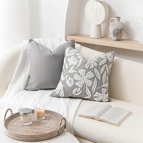 BlissBlush Throw Pillow Cover 20x20 Inch, Light Gray Floral Tufted Velvet Decorative Accent Pillow Case for Sofa Bed Living Room, Cover Only - color: Light Gray, size: 20" x 20" (Pack of 1)