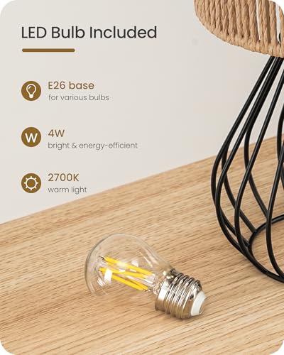 Rattan Table Lamp, Boho Table Lamp, Small Bedside Lamp, Handwoven Paper Lampshade, 2700K LED Bulb Included, Boho Desk Lamp, Modern Nightstand Lamp for Bedroom, Living Room, Striped SW06TL05 - color: Striped + Black