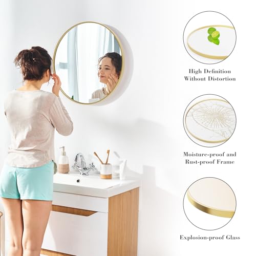 NEWBULIG 24IN Round Bathroom Wall Mirror, Modern Vanity Mirrors for Over Sink, HD Glass Decorative for Entryway, Bedroom & Living Room, Anti-Rust, Tempered Glass, Hanging or Leaning, Gold - color: Gold, size: 24"L x 24"W