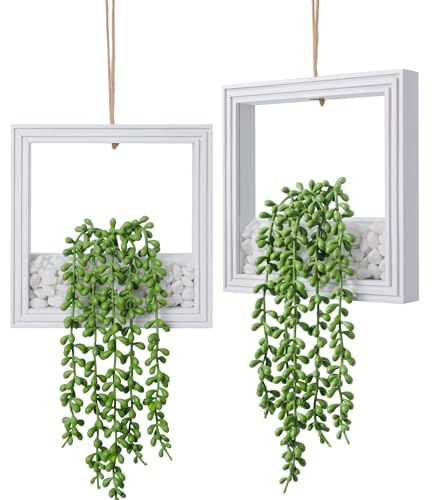 2 Pack Fake Plants Hanging, Artificial Succulents Plants in Square Wooden Frame with Glow Accents, Boho Wall Decor for Office Living Room Bathroom Bedroom Kitchen Indoor Outdoor, White - color: Ivory White