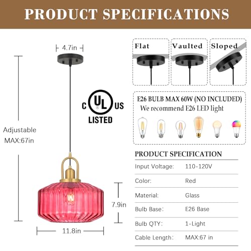 11.8in Mid Century Modern Pendant Light Gold Large Wine Red Glass | Vintage Lighting Fixture Ceiling Hanging Lamp for Kitchen Island Foyer Dining Room Bedroom Entryway Hallway Over Sink Table - color: Wine Red & Gold Hardwire, size: 11.8in