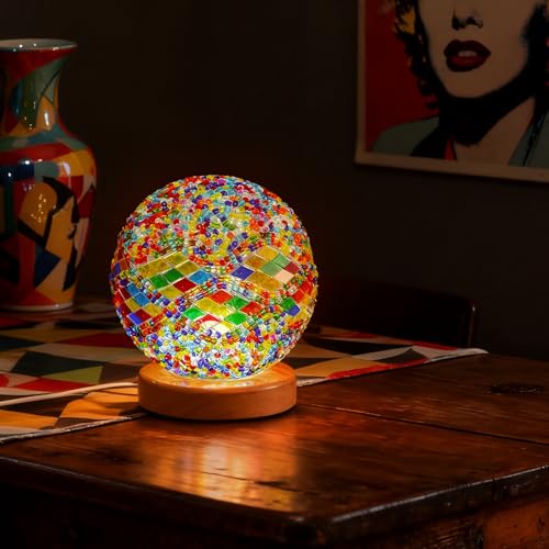 Memphis Mosaic Table Lamp Vintage Turkish Stained Glass Lamps USB Power Dimmable Geometric Pattern Ambient Lighting for Kids Room Playroom & Pop Art Home Decoration(5V 4.72"*5.31") - style: Memphis A