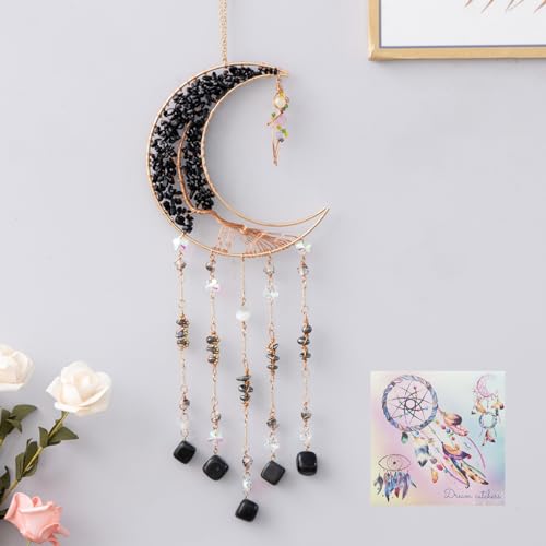 Agate Moon Dream Catchers with Crystal 7 Chakra Gemstone Dream Catchers Color Natural Gem Agate Wall Hangings Room Garden Dreamcatchers Decor (Black) - color: Black