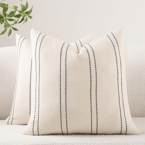 Decorative Throw Pillow Covers 20x20 Inch Set of 2 Linen Striped Accent Neutral Beige Farmhouse Boho Square Cushion Covers for Couch Sofa Bed Living Room Modern Home Decor, Navy Blue - color: Navy Blue, size: 20" x 20" (Pack of 2)