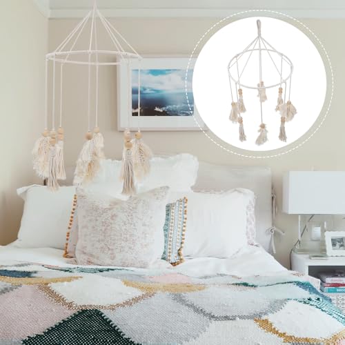BESTOYARD Boho Tassel Pendant Wall Hanging Leaf Iron Hoop Home Backdrop Decor for Living Room Bedroom Beige Fringe Ornament