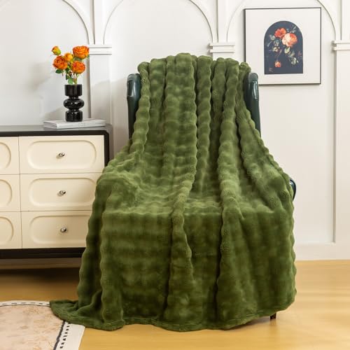 YUSOKI 3D Fleece Bubble Throw Blanket | 380GSM Ultra Soft Fluffy Plush | Non-Shedding Lightweight Cozy Blanket for Couch Sofa Bed | All Season(Olive Green,50 * 60inches) - color: Olive Green, size: Throw(50" x60")