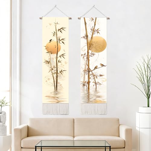 seewan 2 Pack Long Vertical Wall Tapestry, Boho Nature Landscape & Floral Aesthetic Wall Hanging for Bedroom Living Room Home Decor, Long Narrow Art Tapestry with Sunrise Mountain Botanical Designs, 13" × 51" (Bamboo Rustic Motif, 13"Wx51"H, Unframed) - c