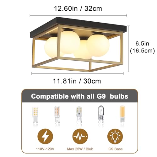 Flush Mount Ceiling Light, 12.6” Close to Ceiling Light Fixtures with Globe Glass Shade, 4-Light Black and Gold Light Fixture for Living Room Dining Room Bedroom Kitchen Hallway Entryway - color: Black and Gold