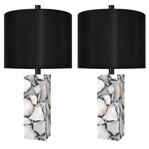 Scenekoy 23" Alabaster Table Lamps Set of 2 with Night Light for Living Room, Rotary Switch, Black Modern Table Lamp with Black Linen Shade, Nightstand Lamp for Bedroom Bedside Office (Bulb Included) - color: Black