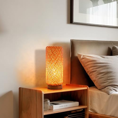 Behemian Bamboo Table Lamp, Dimmable Rustic Farmhouse Hand Wicker Desk Lamp Bedside Lamps Night Light Decorations for Bedroom, Living Room, Home Office, Nursery, Reading Nook (Bulb Included)