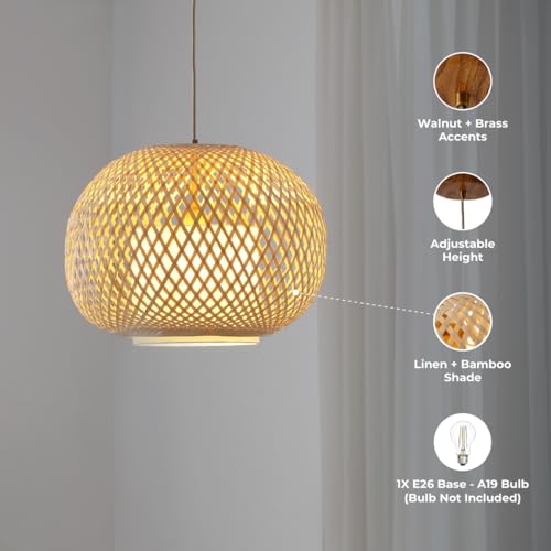 FOS -Modern Bohemian Natural Woven Bamboo + Linen Pendant Light, Dimmable, and Decorative Brushed Brass Components - Perfect for Ambient Lighting in Bed Room, Dining Room, Living Room - color: Fos -1 Light