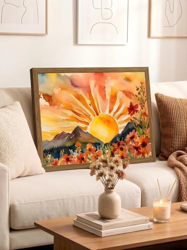 LBTZEVIR Framed Boho Sunset Wall Art 16x12 Inch Painting Poster Prints for Bedroom Home Office & Sun Room Decor Tropical Abstract Canvas Art for Living Room - color: The Sun, size: 16"L x 12"W