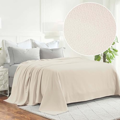 Superior Nobel Cotton Blanket, for Picnic, Beach, Traveling or Camping, Bedroom Essentials, Cover for Bed, Couch, Lounging, Textured Jacquard, Classic Chevron Woven Blanket, Full/Queen, Ivory - color: Ivory, size: Full/Queen