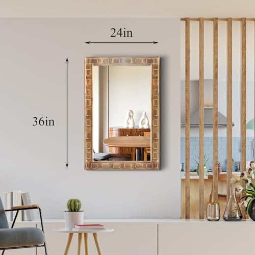 POZINO Rustic Wood Mirror, 24"X36" Farmhouse Bathroom Mirror for Over Sink, Natural Wooden Rectangle Wall Mirrors for Living Room Entryway Bedroom Hallway Fireplace, Horizontal Or Vertical - color: Natural Wood, size: 36"Lx24"W