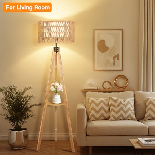 OUTON Boho Rattan Tripod Floor Lamp with Shelves, Remote Control, Dimmable Mid Century Modern Standing Lamp 58.5" for Bedroom, Living Room & Office, Lamp Shade Includes E26 9W Bulb, Wood - color: Wood & Rattan Shade