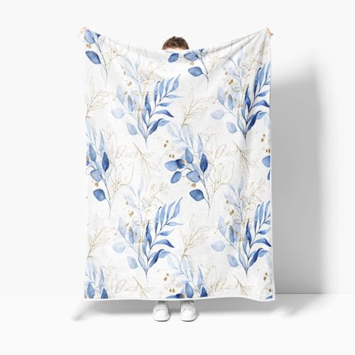 Eucalyptus Leaf Blanket, Botanical Plants Throw Blanket, Soft, Flannel, Warm, Watercolor Floral Throw Blanket Blue Botanical Floral Aesthetic Bed Blanket for Couch Bedroom Living Room 60X80 Inch - color: Blue, size: 60 X 80