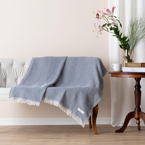 Bed Blanket, Queen Size (79 x 90 Inch), Cotton-Rich Blend, Soft Textured Woven Coverlet, Easycare, Lightweight & Breathable Bed Layering, All Season Bedding, Navy Blue - color: Navy Blue, size: Queen