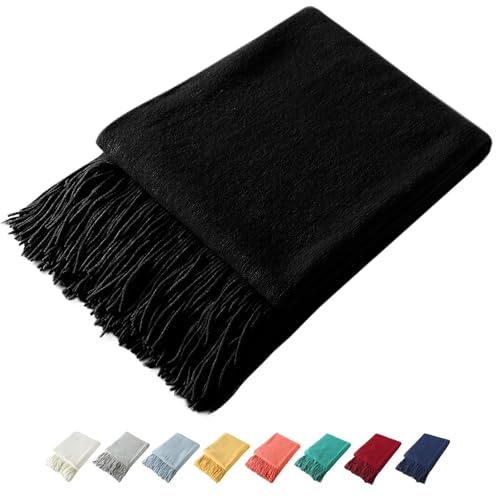 Homiest Decorative Knitted Throw with Fringe, Lightweight Acrylic Knit, Soft Tassel for Couch, Sofa, Bed (Black, 50 x 60 Inch) - color: Black, size: 50" x 60"